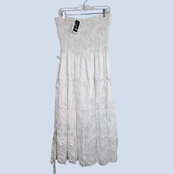 NWT WHITE HOUSE BLACK MARKET Midi Dress WHITE w SILVER Floral size L Smocked - Picture 2 of 11